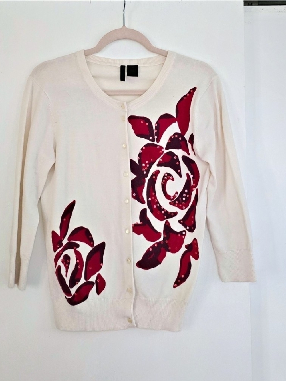 Classic Cream Cardigan Red Floral Sequin Embellished Sweater Button Front S